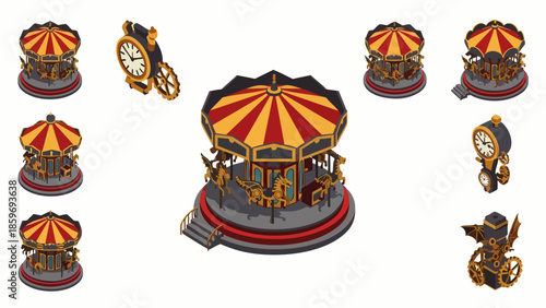 Isometric vector illustration of a steampunk carousel with vintage gears and intricate mechanical details, set in an old-fashioned amusement park.