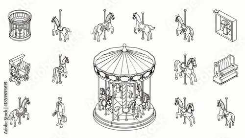 Isometric Carousel and Merry-Go-Round Elements Vector Line Art Collection. Vintage Amusement Park Ride Icons Set for Fairground Entertainment Design.
