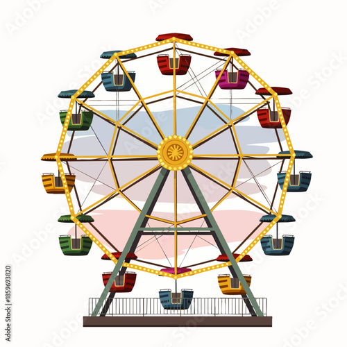 Colorful Ferris Wheel ride at amusement park with cabins and sky background, vector illustration