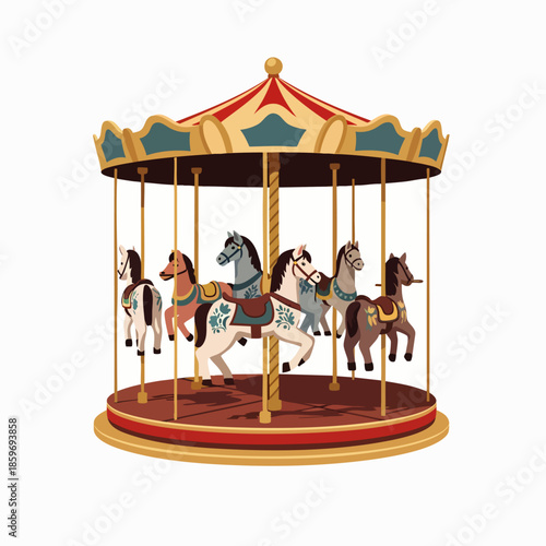 Colorful carousel with horses on a white background, classic amusement park ride for children and families