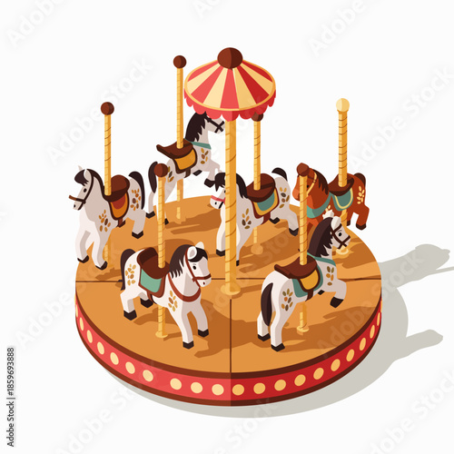 Vintage carousel with horses and canopy, isometric view, isolated on white background, funfair attraction