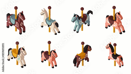 Collection of eight colorful carousel horses with decorative saddles and poles, isolated on white background