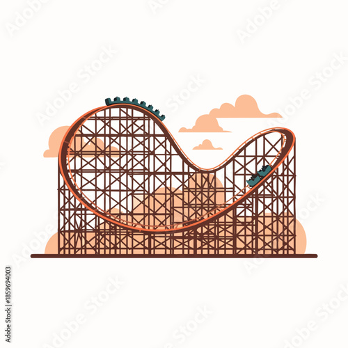 Thrilling wooden roller coaster ride with a loop and clouds in the background, amusement park attraction