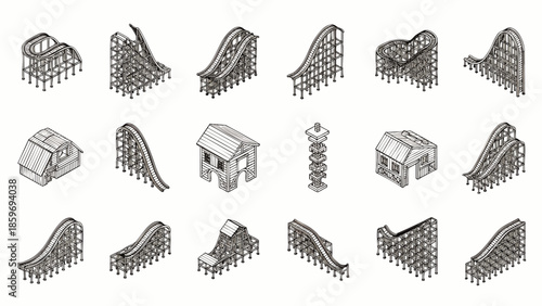 Collection of isometric roller coaster elements and amusement park attractions in black and white sketch style