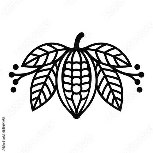 Black vector line art Cacao bean open pod with leaves decorative design organic natural food ingredient gourmet dessert aromatic chocolate vector illustration
