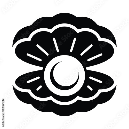 Black Silhouette of Scallop shell with pearl beautiful valuable jewelry from ocean depths aquatic treasure decorative design of nature luxury vector isolated