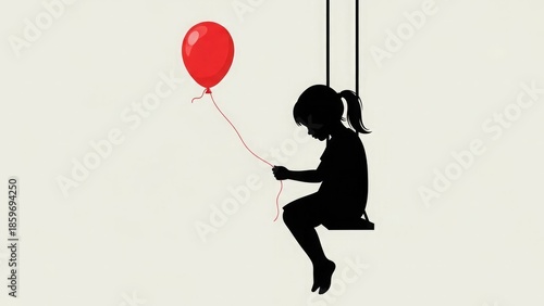 A young girl swings on a rope holding a red balloon in a serene environment from a straightforward viewpoint.