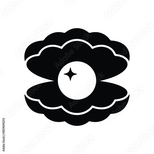Black Silhouette of Scallop shell with star pearl valuable jewelry from ocean depths aquatic treasure decorative design of nature luxury vector isolated