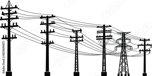 Electric Power Transmission Poles and High Voltage Lines Silhouette Isolated on White Background for Energy Infrastructure Concept