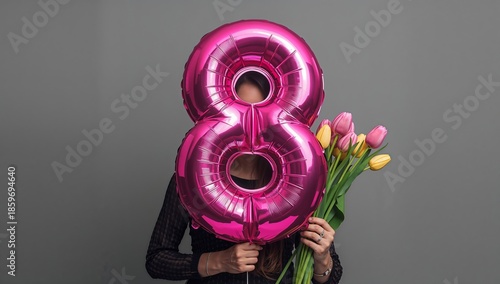 Holding a Pink Number 8 Balloon and a Bouquet of Tulips in Front of a Gray Ba...