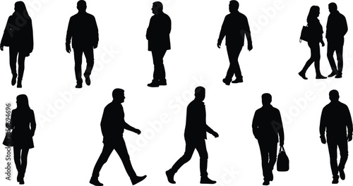 Human silhouette poses, walking and standing, posture variation, crowd movement, bag carrying, black figure art, minimal design, gesture study