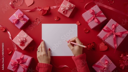 Writing a Message Beside Pink Gifts and Hearts on a Red Background During a C...