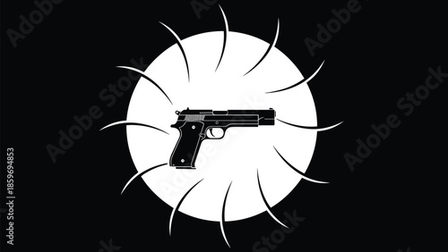 Black and White Pistol Gun Vector Illustration with Sunburst Circle Element for Tactical Military Logo Design and Weapon Safety Concept