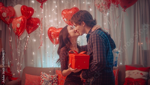 Couple Shares a Moment During a Celebration With Balloons and Gifts in a Deco...