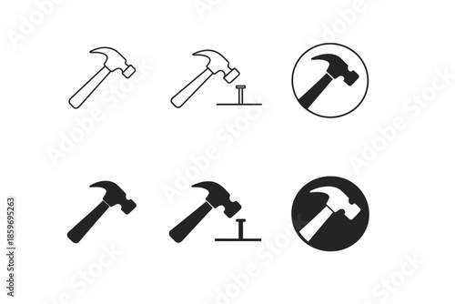 Collection of hammer icons in outline and solid fill styles for various applications