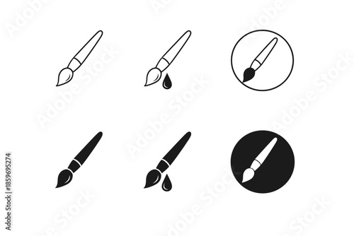 Set of six paint brush icons in outline and solid styles with dripping paint