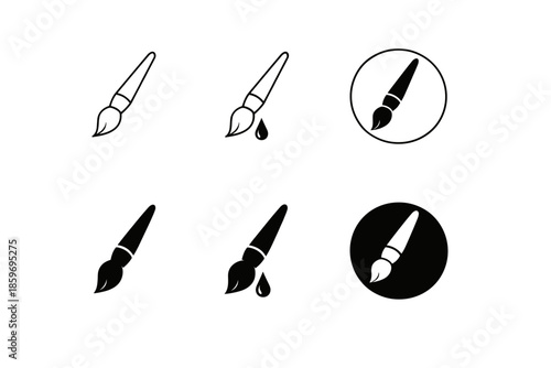 Set of paint brush icons in outline and solid styles with dripping paint