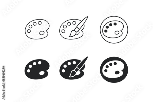 Set of six art palette icons, both outline and filled, with and without brushes