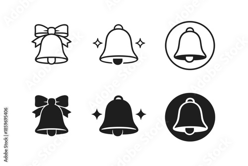 Set of bell icons with bows, sparkles, and circles for notifications and alerts