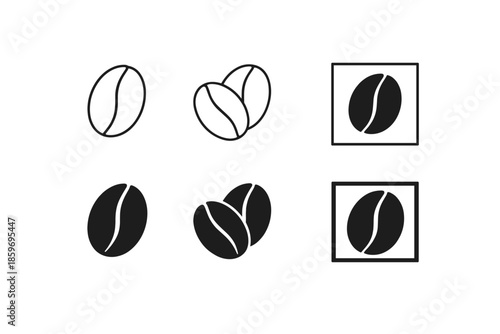 Collection of simple coffee bean icons in outline and solid fill styles