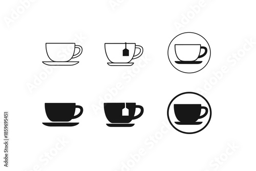 Collection of simple black and white cup and saucer icons with tea bag variations