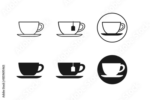 Collection of simple cup and saucer icons with tea bag variations