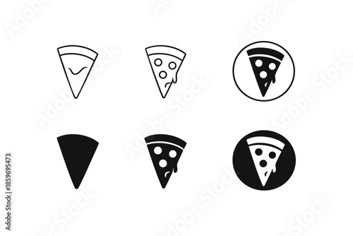 Collection of pizza slice icons in various styles and fills for design