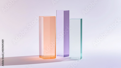Minimalist display featuring three differently colored translucent rectangular prisms, casting soft shadows against a gentle, gradient background, highlighting form and color.