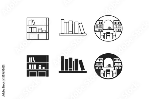 Collection of minimalist icons representing bookshelves and library interiors in line and solid styles