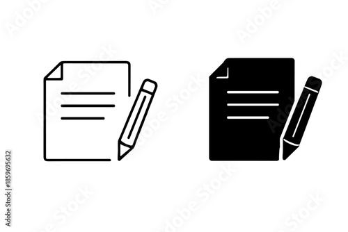 Simple icons of a document with lines and a pencil, one outlined and one solid black