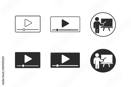 Collection of video player and presentation icons in outline and solid styles