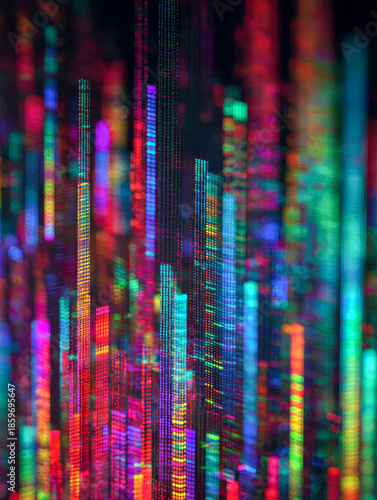 Wallpaper Mural Vibrant colorful vertical light patterns create an abstract futuristic cityscape effect with glowing lines and digital pixel-like structures on a dark background Torontodigital.ca