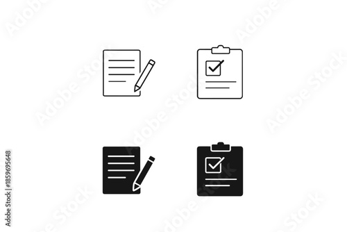 Set of icons representing writing and task completion on paper documents