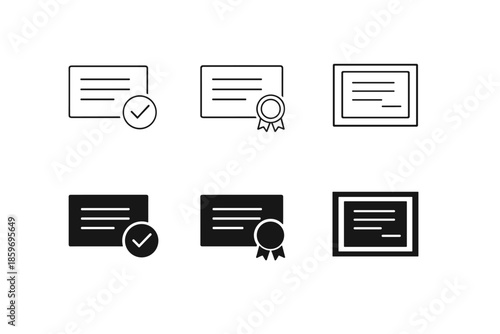 Set of certificate icons with checkmark and ribbon, representing achievement and approval