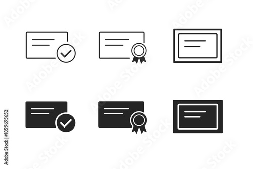 Set of certificate icons with checkmark and ribbon, outline and solid styles