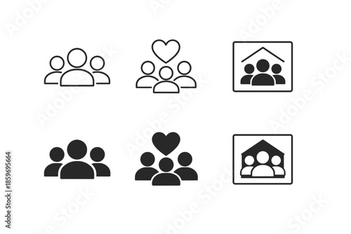 Collection of people icons representing community, family, and home life