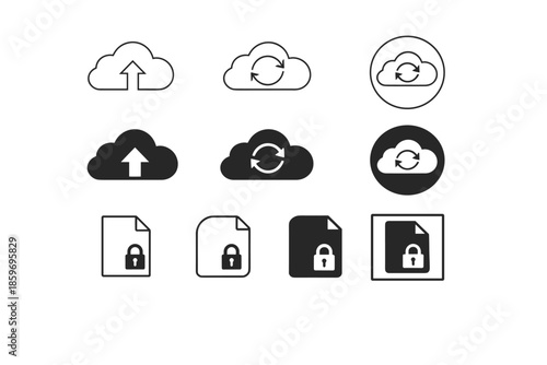 Collection of cloud and file icons representing upload, sync, and security