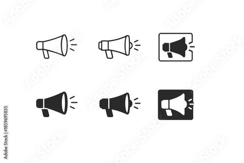 Collection of megaphone icons in outline and solid styles for communication and announcement themes