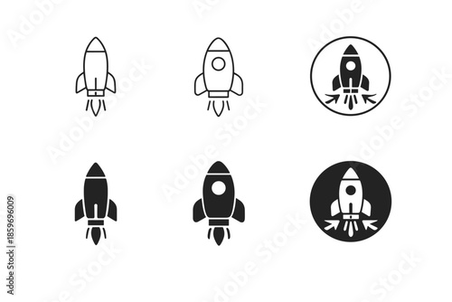 Set of rocket icons in line and solid styles for space exploration and startup concepts