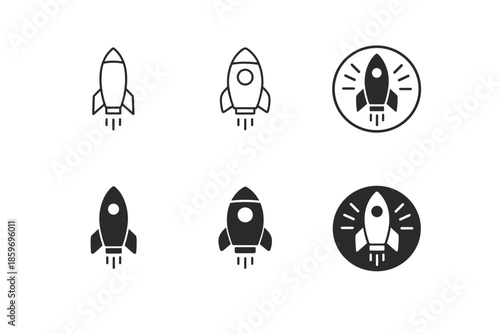 Set of rocket icons in different styles for space exploration and startup concepts