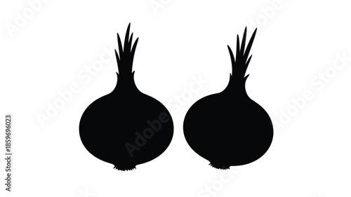 Simple silhouette depiction of two dark onions against a white background