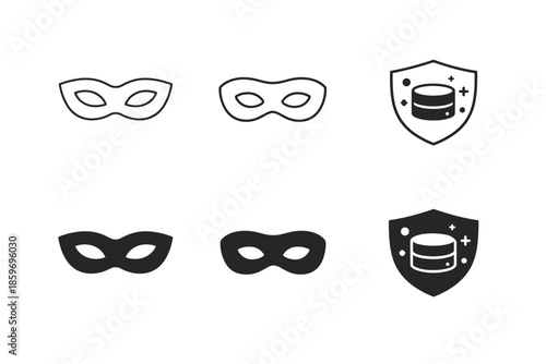 Set of icons representing anonymity and data security with masks and shields