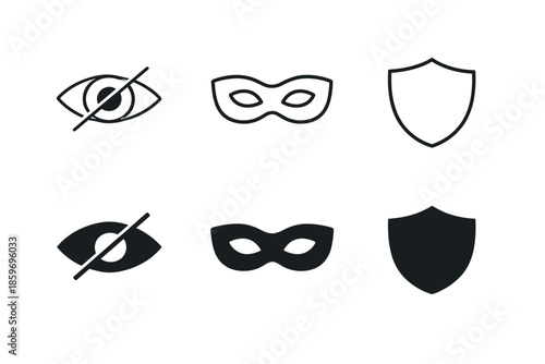 Set of security and privacy icons: eye with slash, mask, and shield