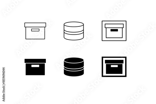Collection of simple line and solid icons representing storage boxes and containers