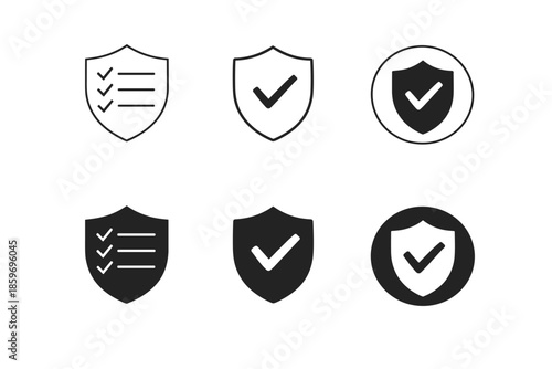 Collection of shield icons with checkmarks and lists, representing security and verification