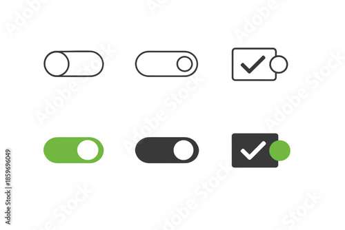 Toggle switch and checkbox icons for UI design, showing on and off states