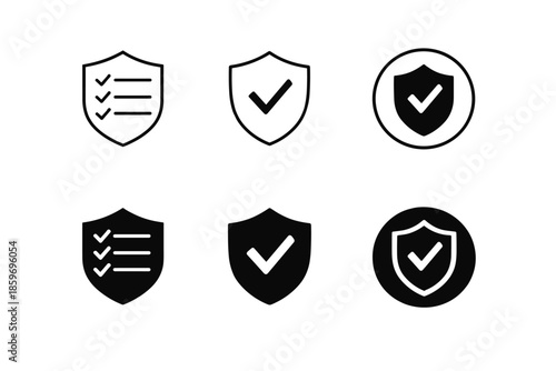 Collection of shield icons with checkmarks and lists representing security and verification