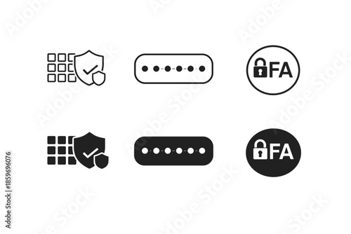 Collection of security icons including password, shield, and two-factor authentication
