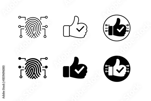 Digital security icons: fingerprint scan and thumbs up with checkmark