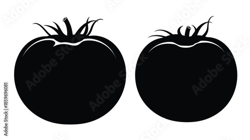 Simple black and white illustration of two ripe tomatoes with stems